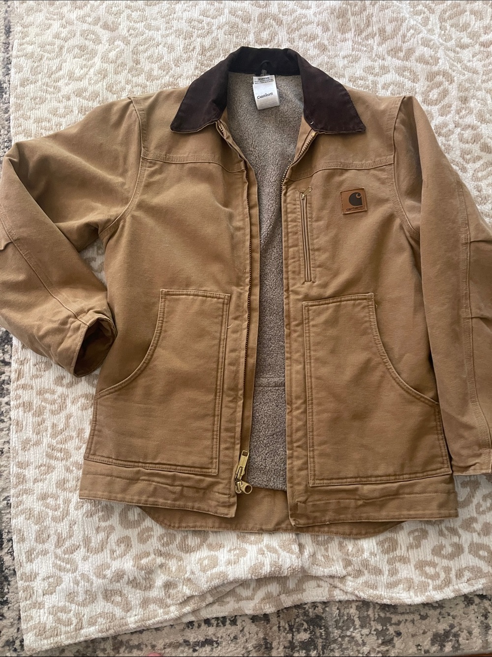 Carhartt Brown Tan Canvas Utility Jacket with Dark Brown Collar